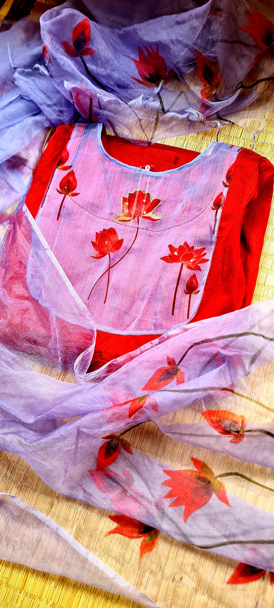 Unique Elegance: Lavender and Maroon Lotus Yoke Work Kurti with Hand-Painted Lotus Dupatta