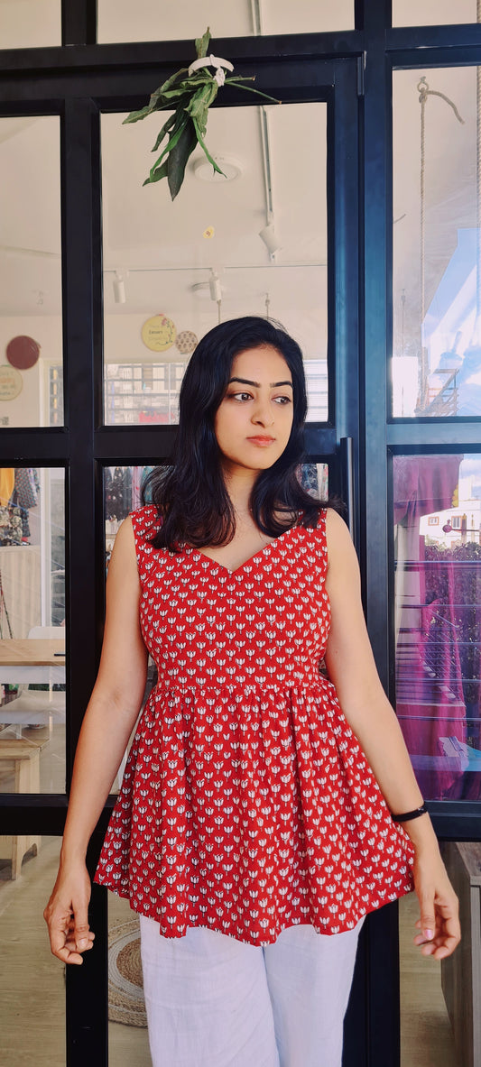 Maroon Charm Peplum Top - Hand Block Printed Lotus Tp00010