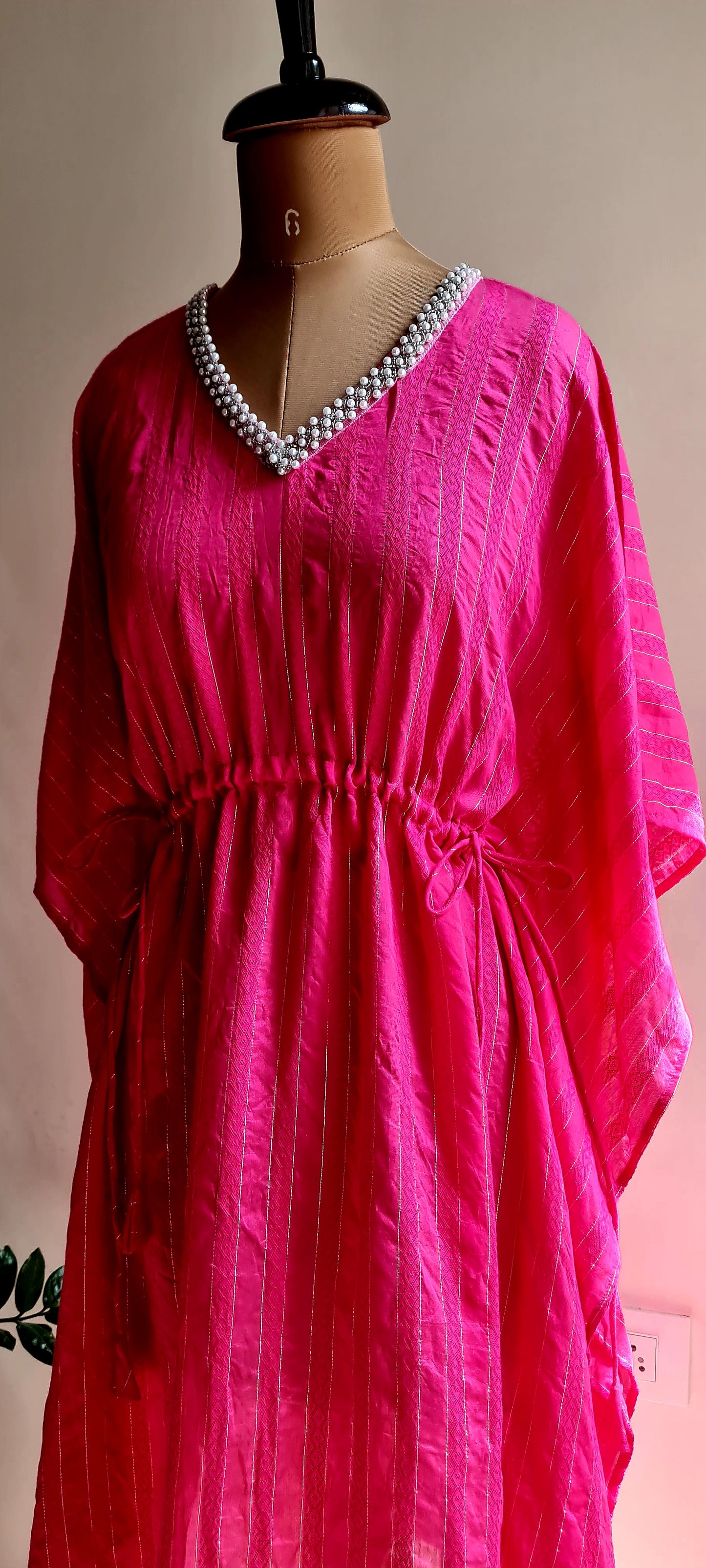 Deep Pink Cotton Striped Kaftan