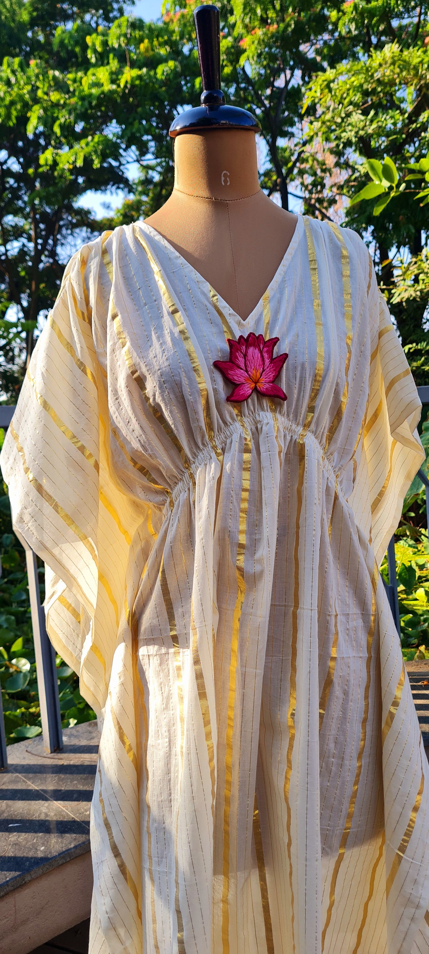 Golden Horizon: Offwhite Cotton Kaftan with Hand Embroidered Brooch