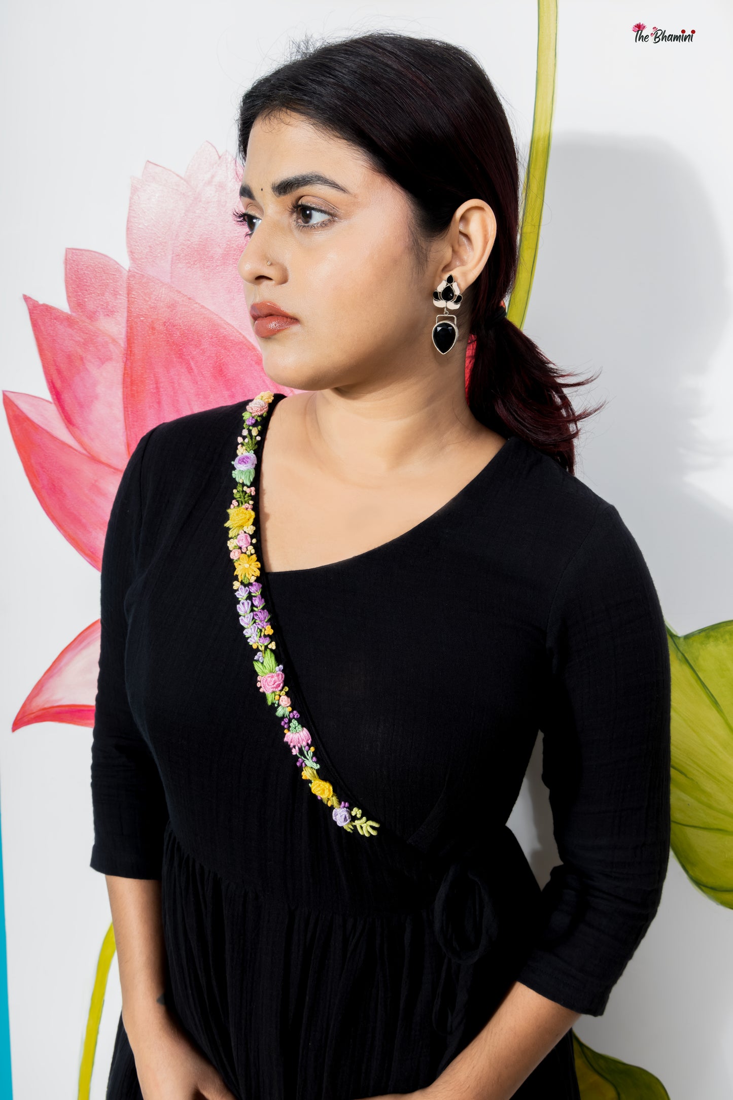 Black cotton gaze Angrakha frock with stunning 3D pastel floral hand embroidery