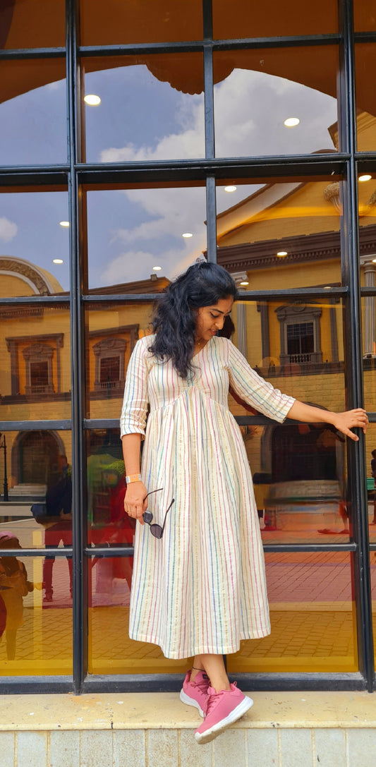 Chic Western Dreams: Off-White Striped Cotton Frock