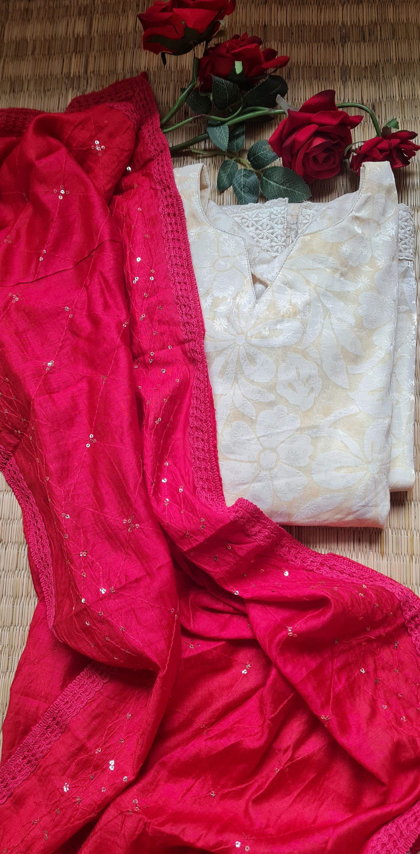 Classic Contrast: Off-White Top with Vibrant Red Dupatta