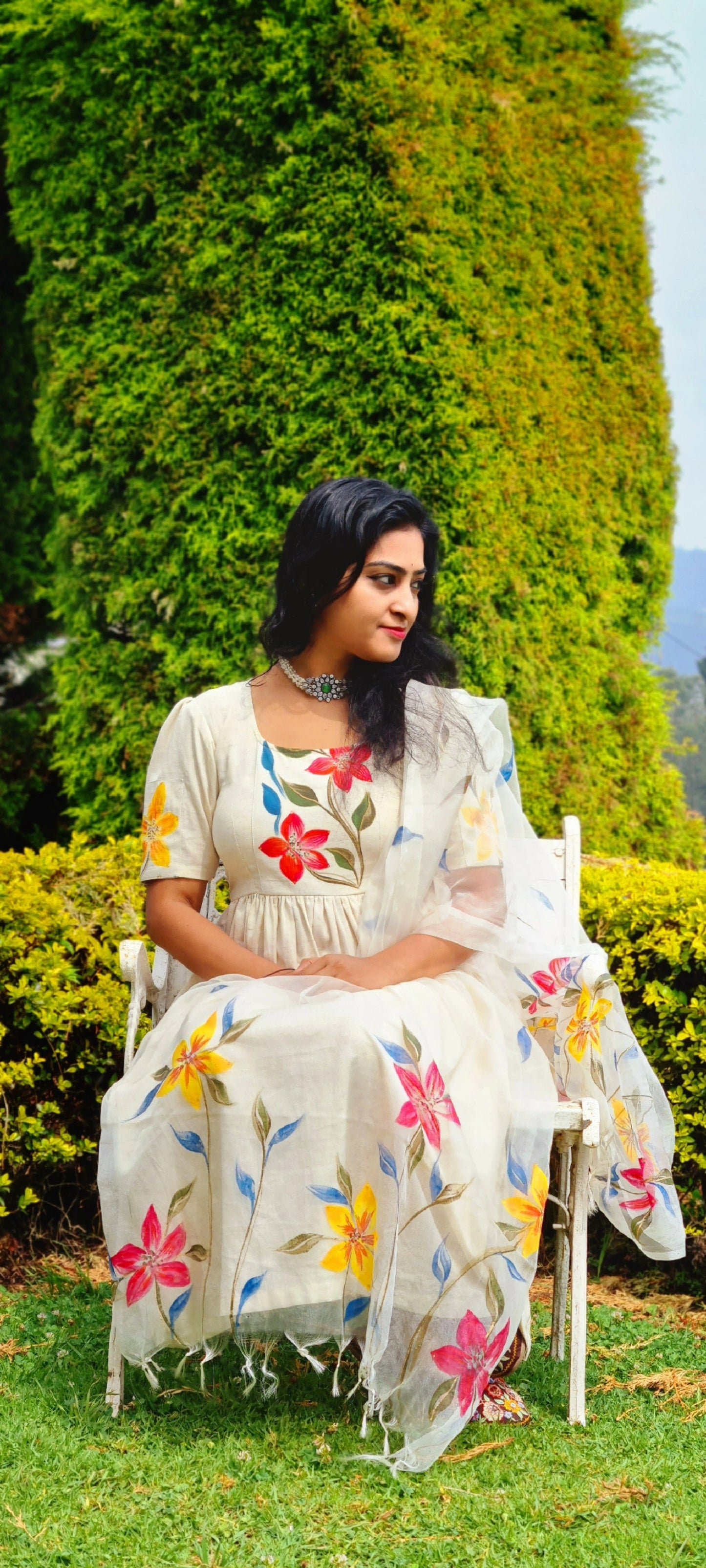 Cotton Khadhi Hand Painted Floral Anarkali With Bottom And Hand Painted Organza Dupatta