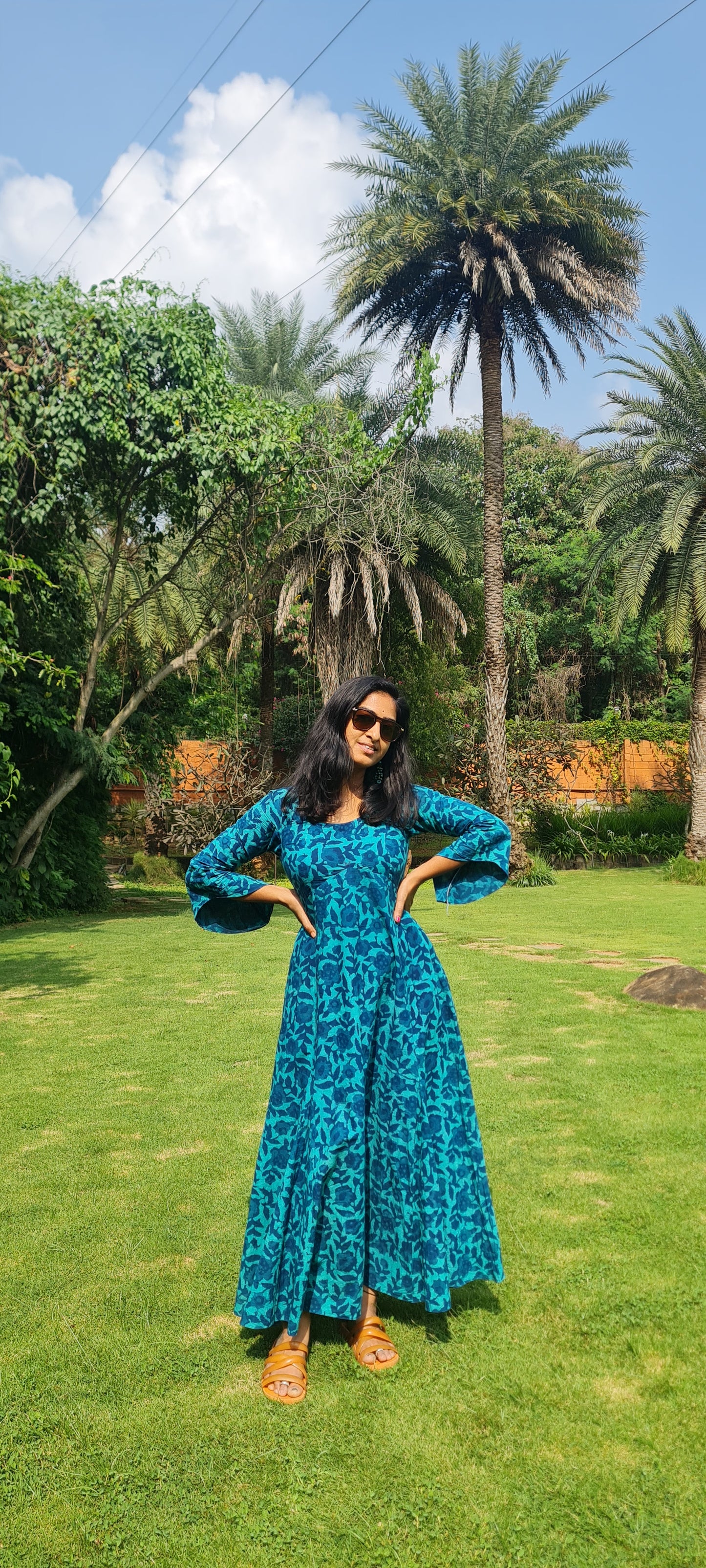 Azure Elegance: Handcrafted Block Print Dress FR00014