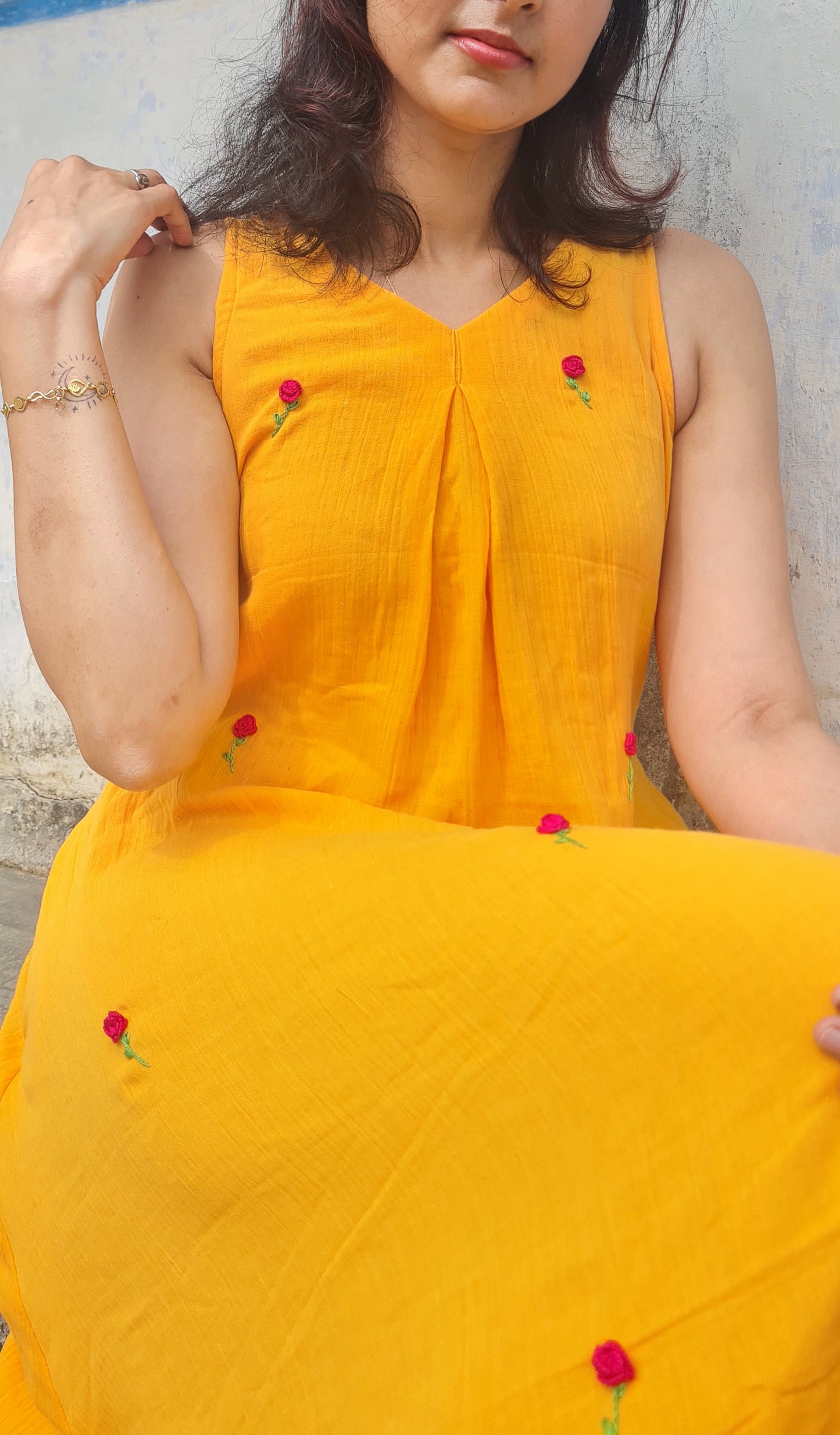 Earthly Sunset Charm: Handcrafted Cotton Gauze Dress