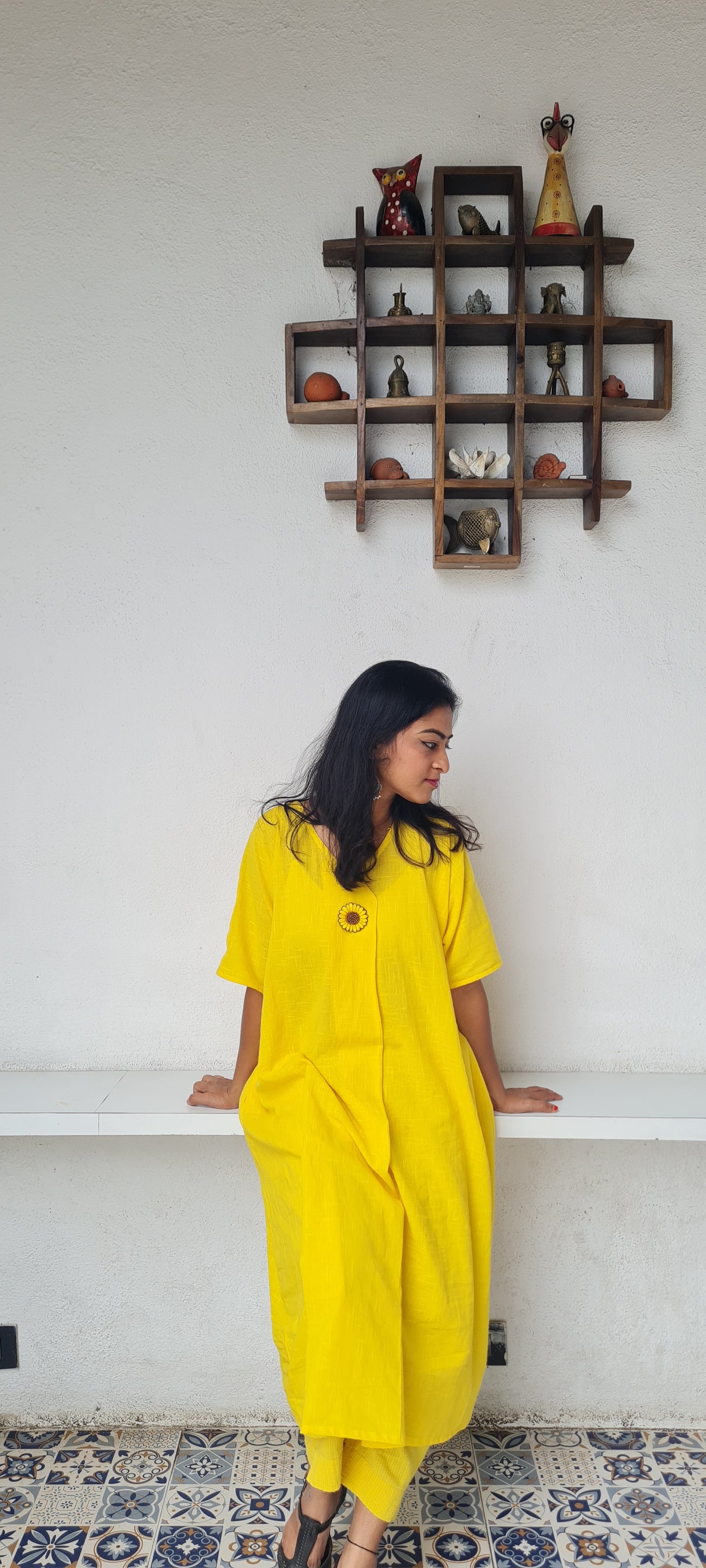 Vibrant Vibes: Yellow Cotton Kaftan Frock with Embroidered Brooch