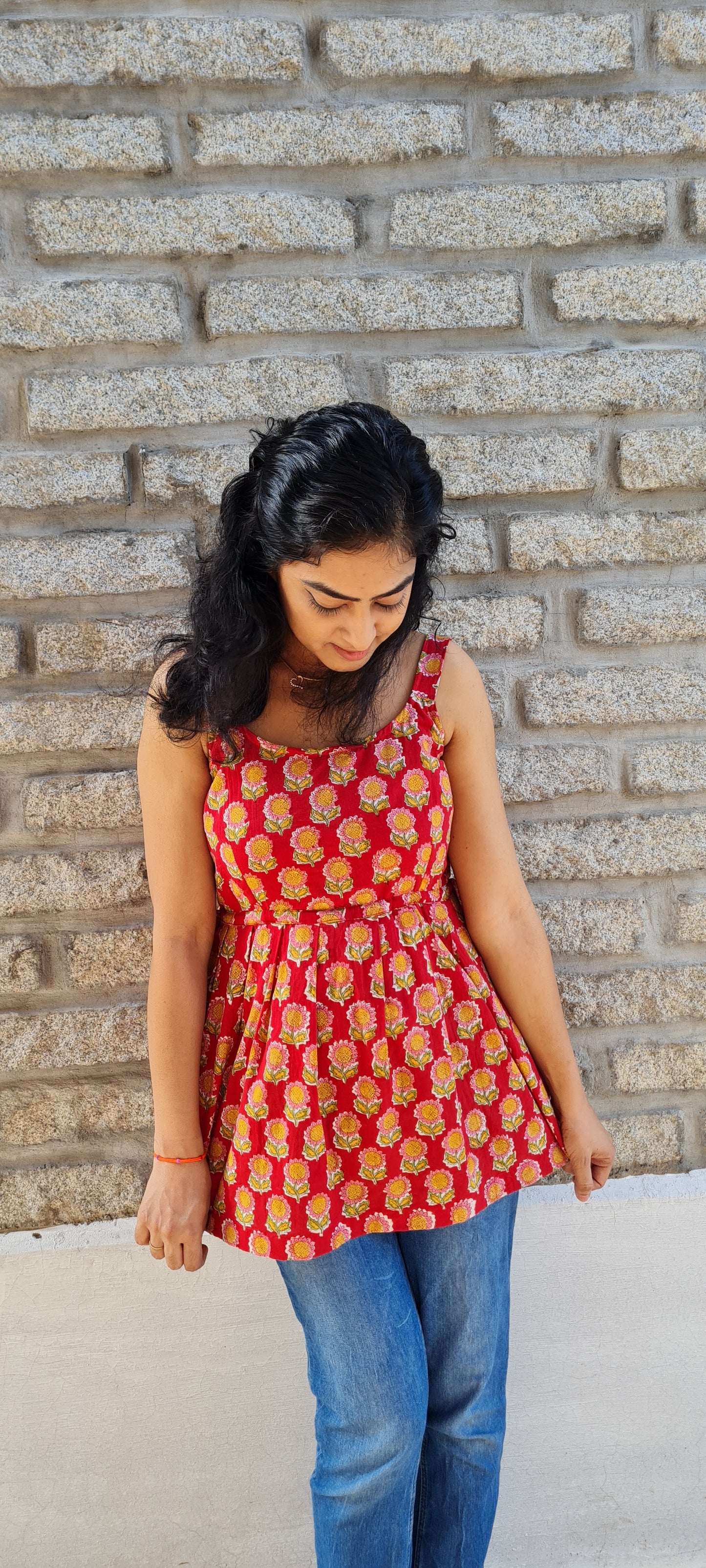 Artistry in Fabric: Hand Block Printed Cotton Peplum Top with Adjustable Waist Knots