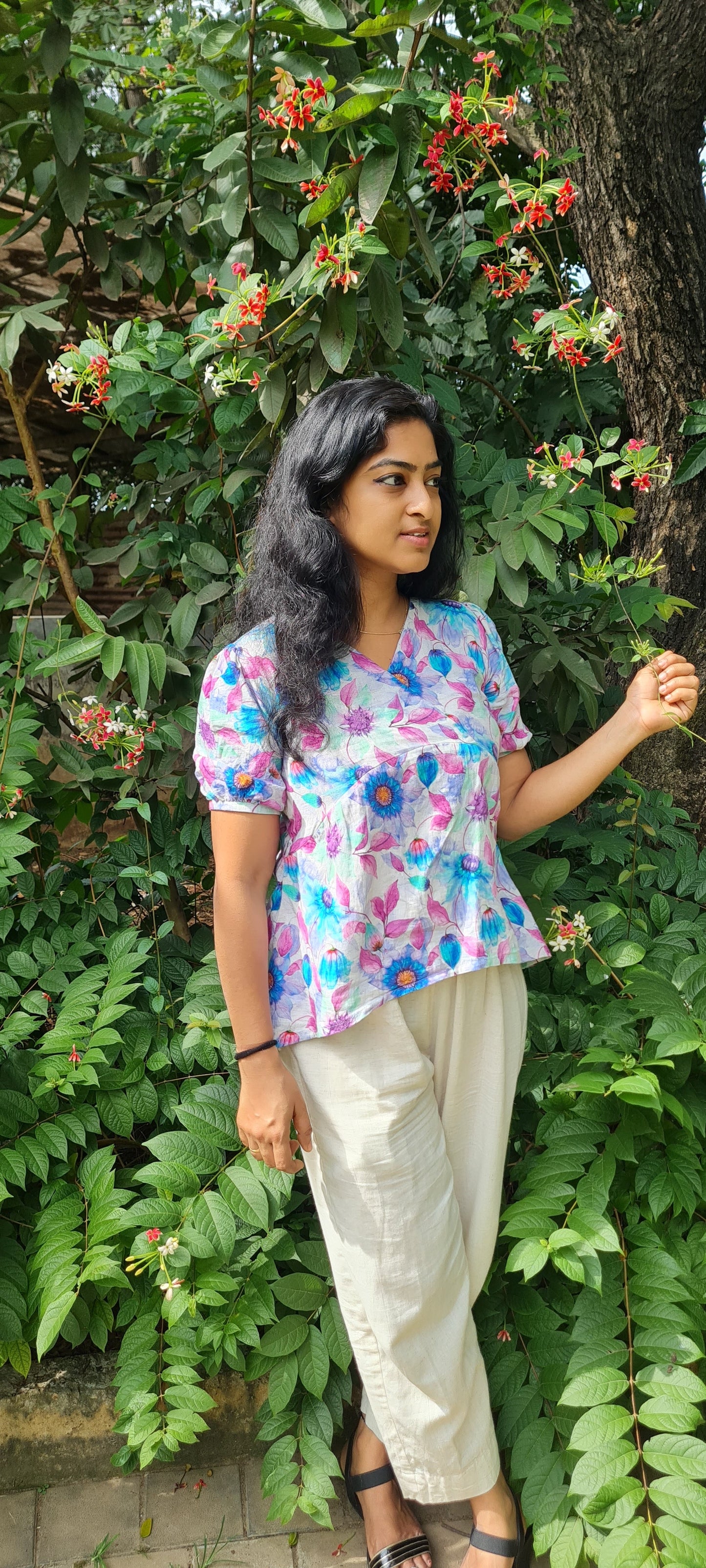 Floral Elegance: Khadi High Low Top