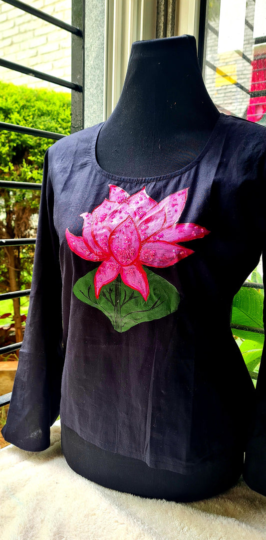 Elegant Lotus Hand-Painted Cotton Short Top