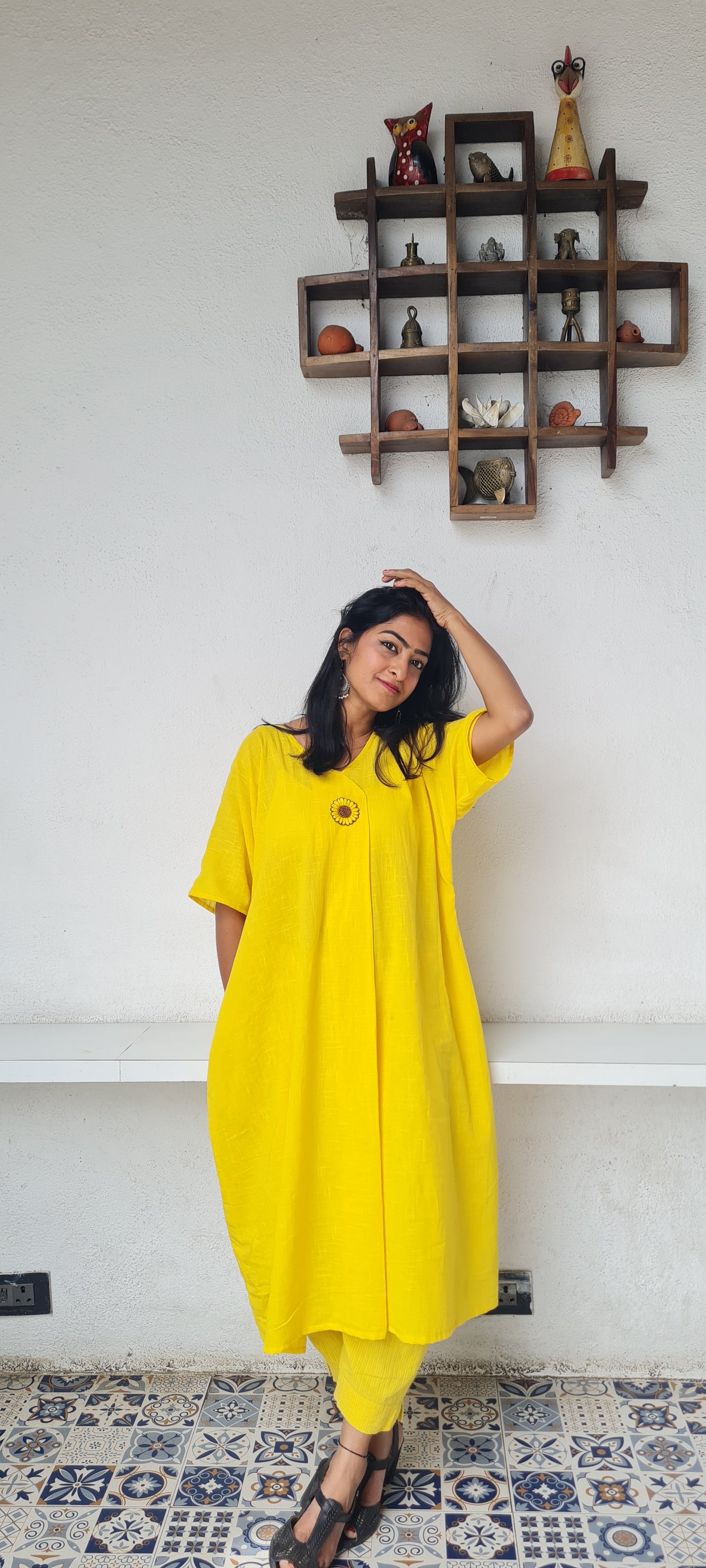 Vibrant Vibes: Yellow Cotton Kaftan Frock with Embroidered Brooch