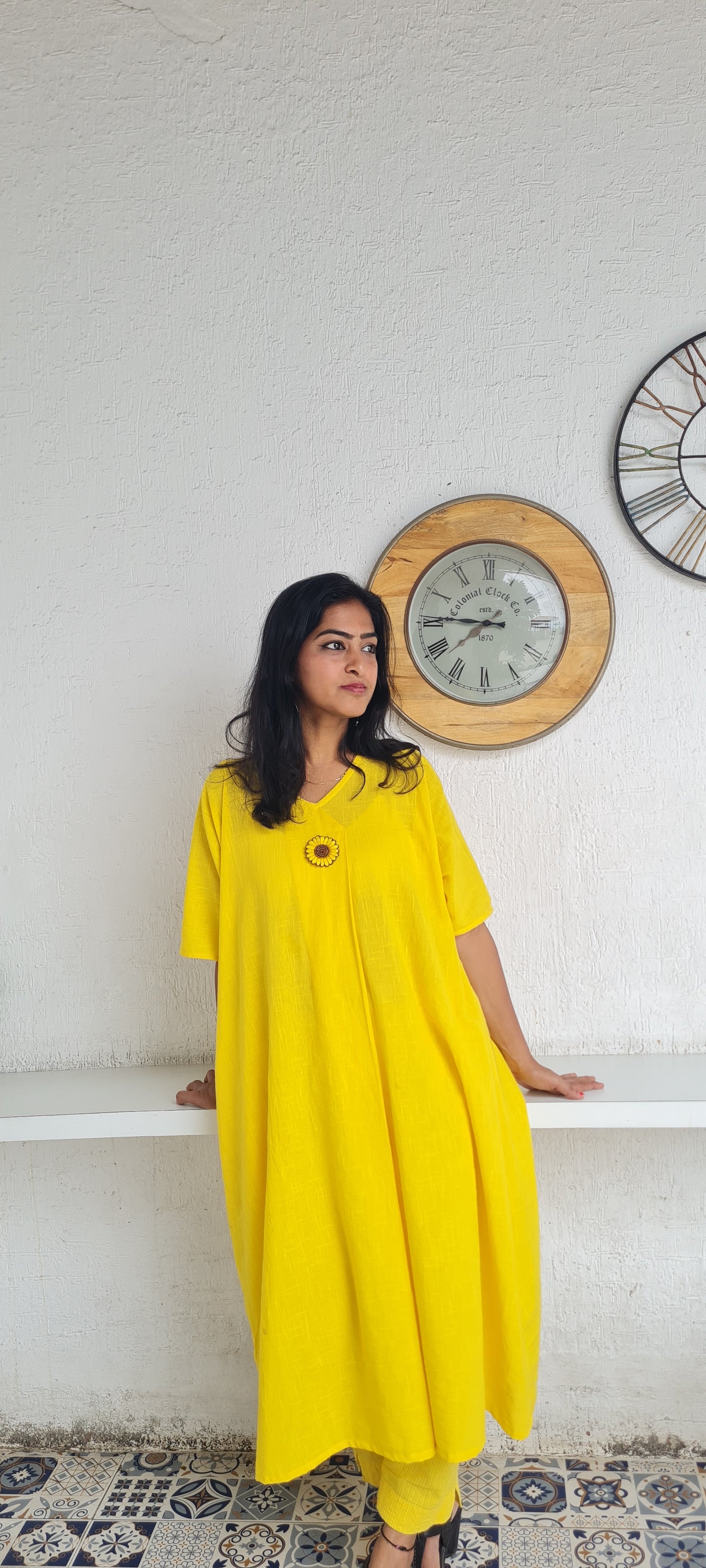 Vibrant Vibes: Yellow Cotton Kaftan Frock with Embroidered Brooch