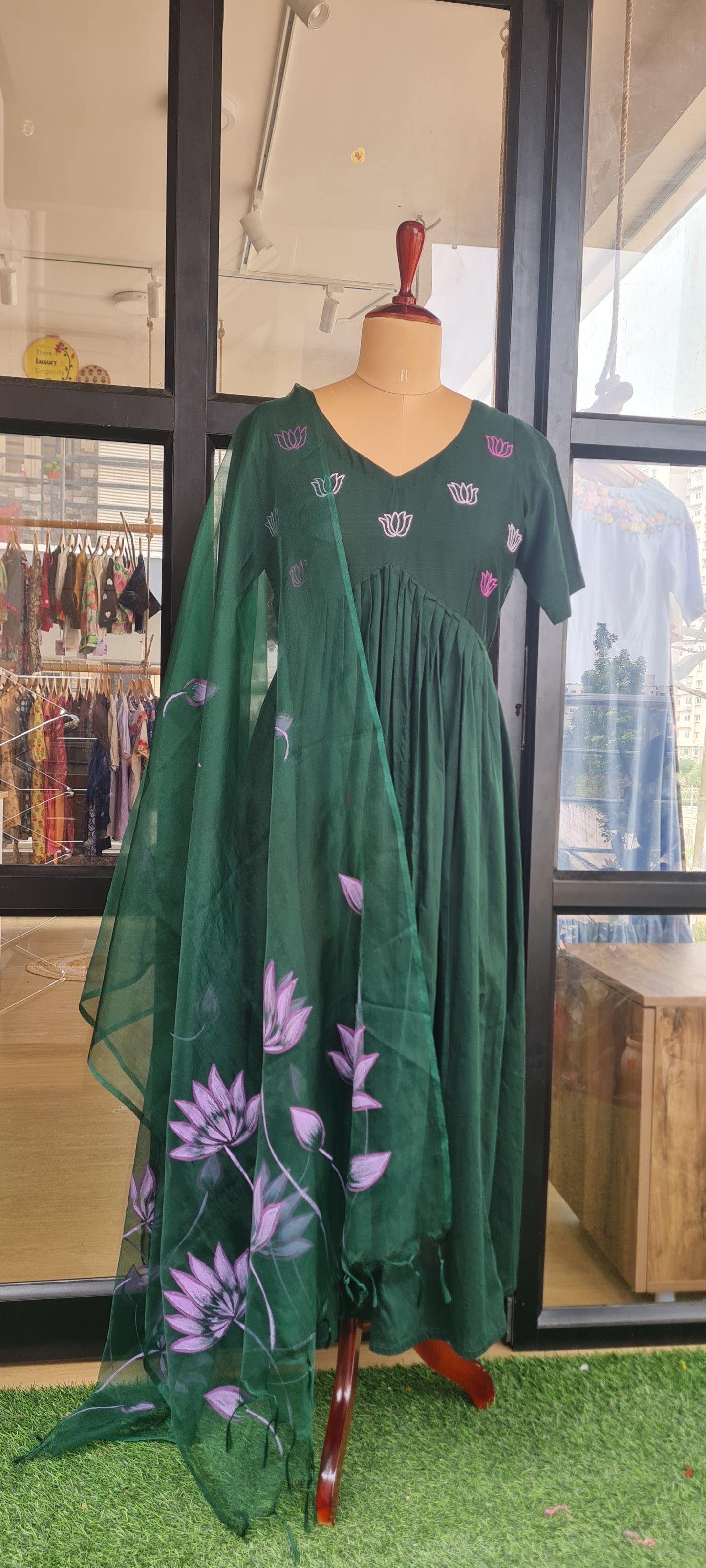 Handcrafted Harmony ,Green And Lavender alia cut top With dupatta: KUEMB00020