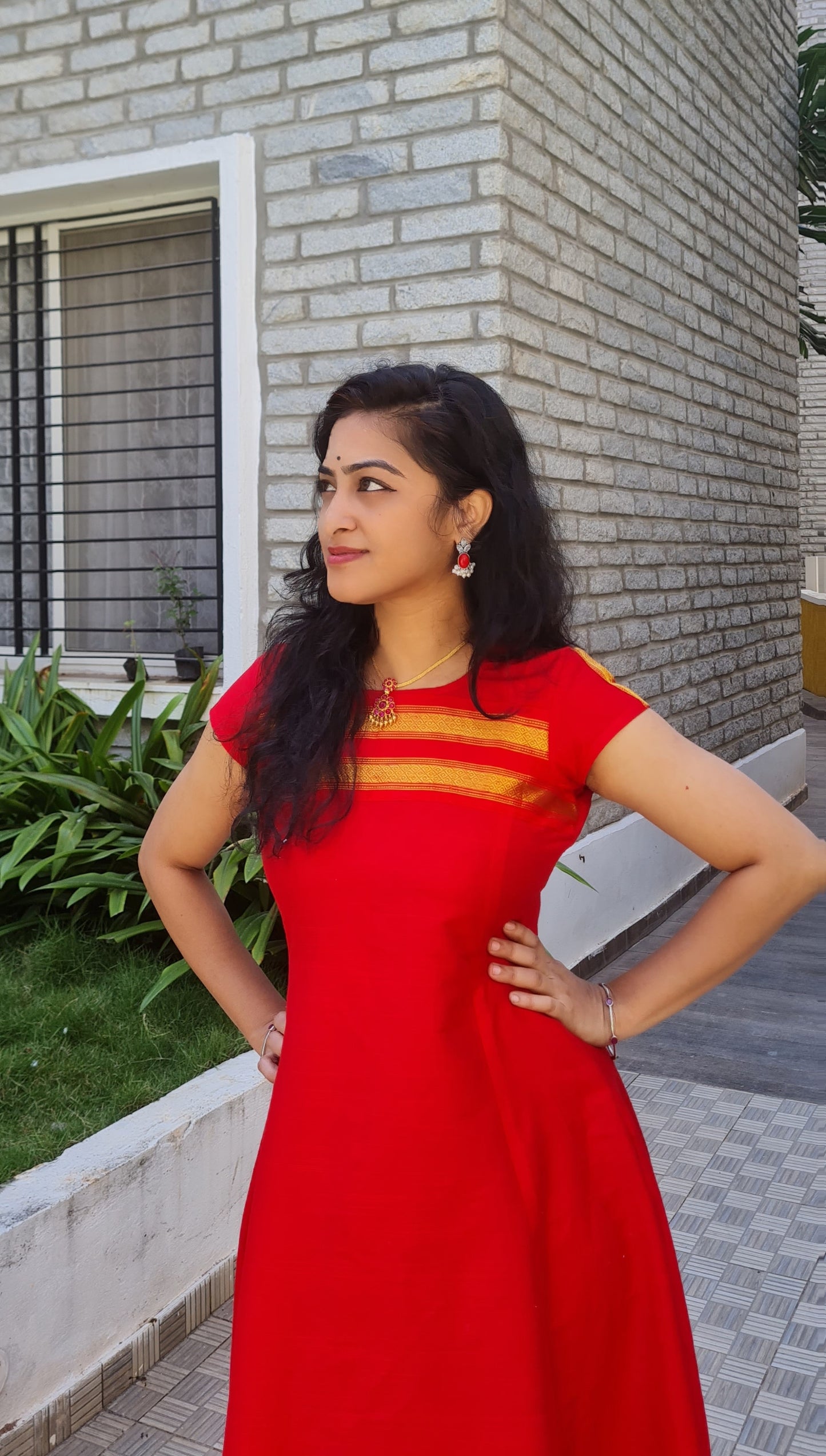 Crimson Elegance: Silky Kurti with Kanchipuram Border