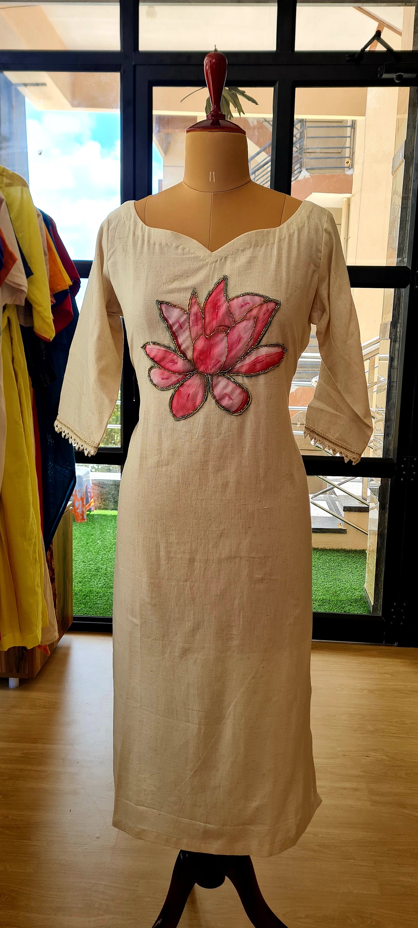 Divine Bloom Kurti - Elegant Lotus Appliqué Cotton Kurti